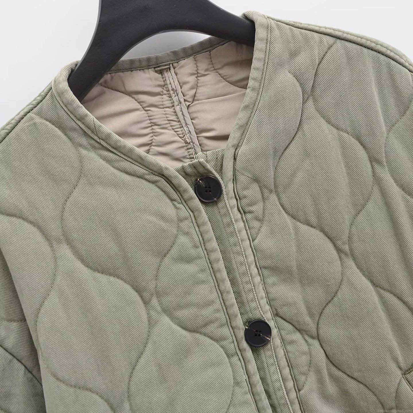 Women's Casual Quilted Jacket Vintage Washed Padded Coat With Round Neck Warm Lightweight Puffer Outerwear For Lady Winter Daily Wear