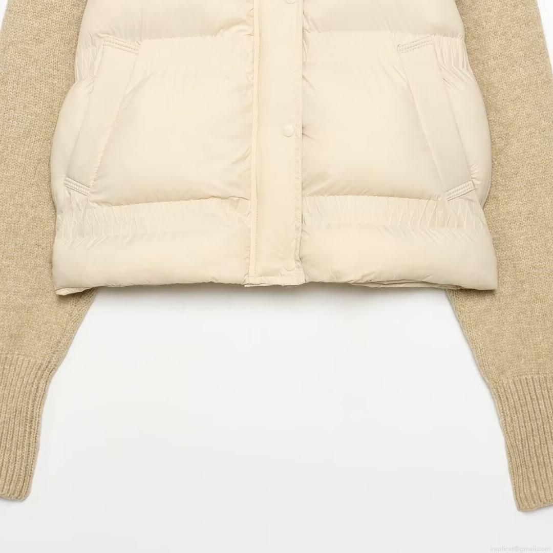 Women's Fashion Knitted Patchwork Padded Jacket Stand Collar Quilted Zip Up Winter Warm Coat Casual Oatmeal Grey Long Sleeve Outerwear