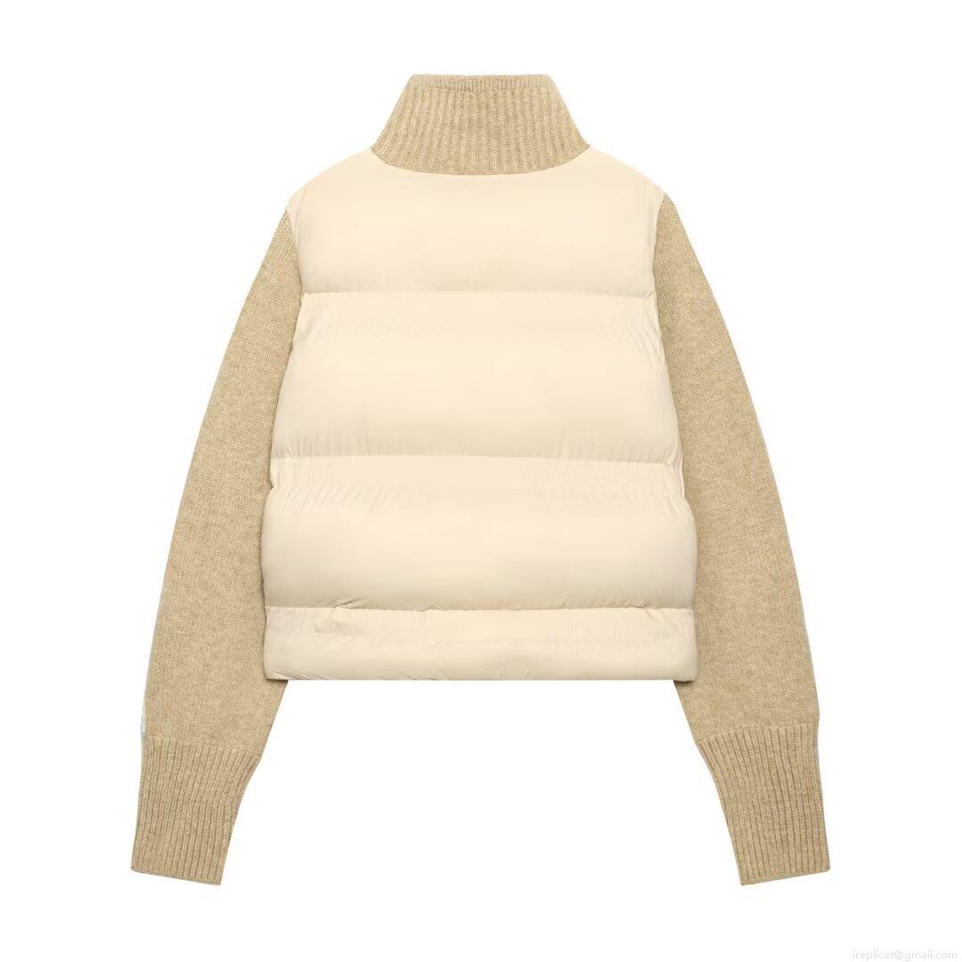 Women's Fashion Knitted Patchwork Padded Jacket Stand Collar Quilted Zip Up Winter Warm Coat Casual Oatmeal Grey Long Sleeve Outerwear