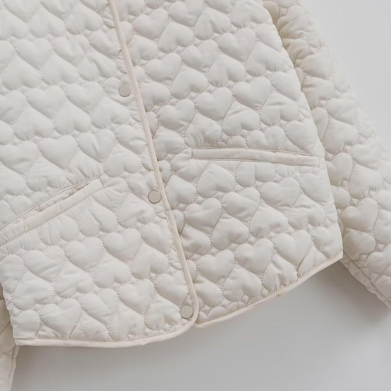 Women Fashion Heart Quilted Padded Jacket Lightweight Polyester Cotton Filling Coat Autumn Casual Loose Round Neck Single Breasted Outerwear For Lady