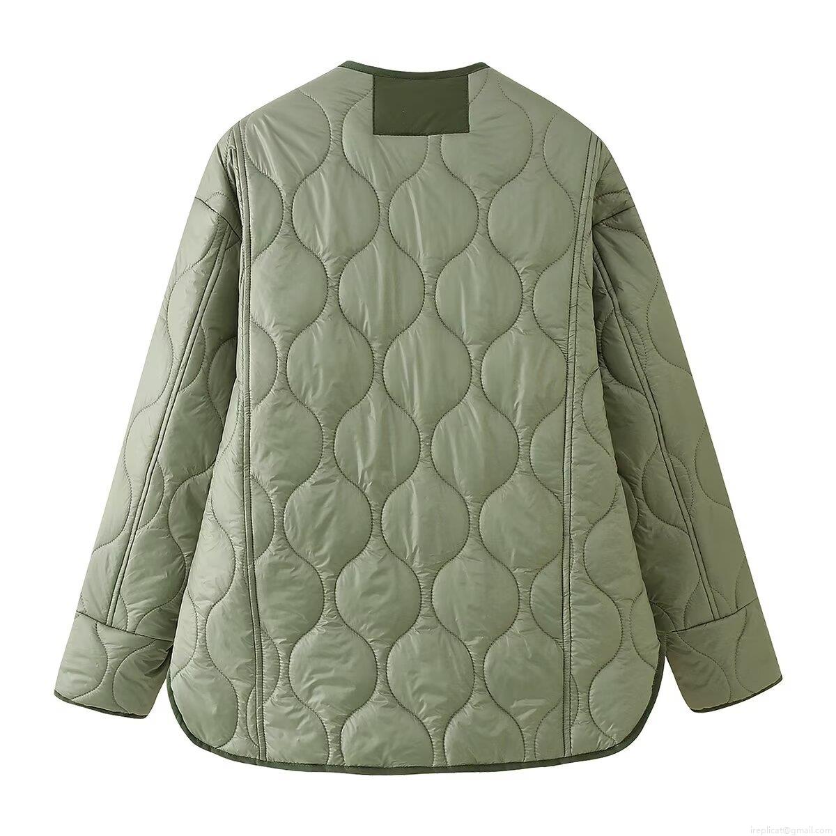 Women's Quilted Jacket 100% Polyester Long Sleeve Wave Quilted Round Neck Single Breasted Coat Loose Casual Mid-length Warm Outerwear For Winter Daily Lightweight Padded Jacket
