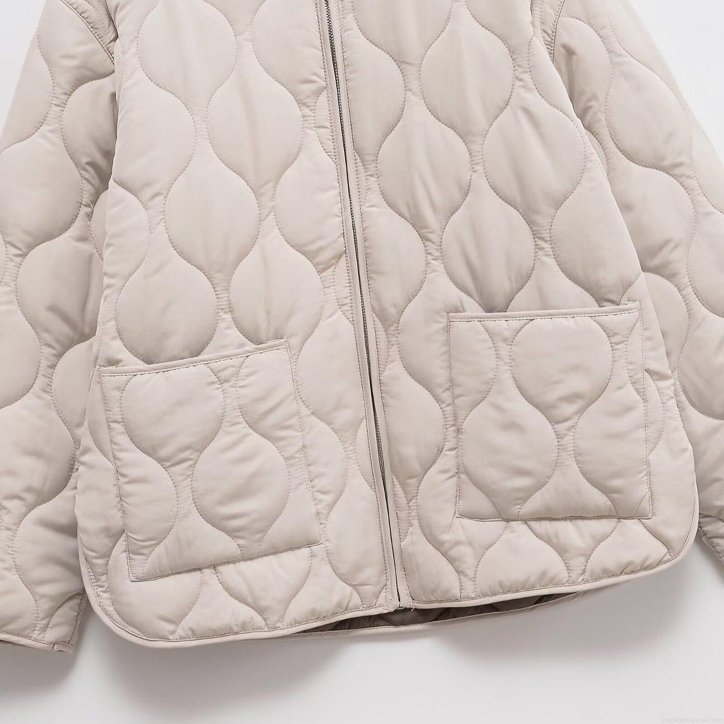 Women's Casual Wavy Quilted Padded Jacket Lightweight V-Neck Zipper Warm Puffer Coat With Pockets Loose Fit Solid Color Outerwear Clothing