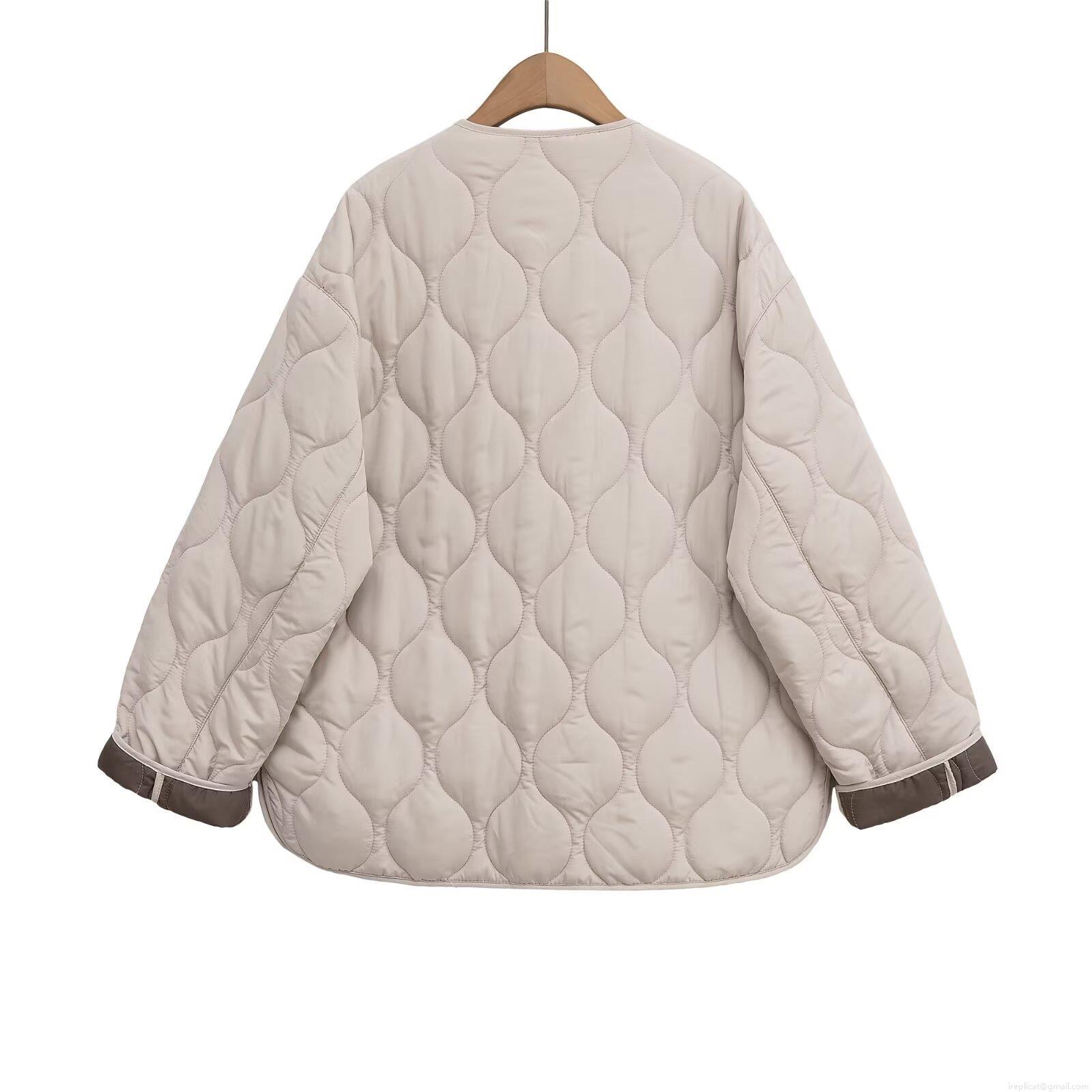 Women's Casual Wavy Quilted Padded Jacket Lightweight V-Neck Zipper Warm Puffer Coat With Pockets Loose Fit Solid Color Outerwear Clothing