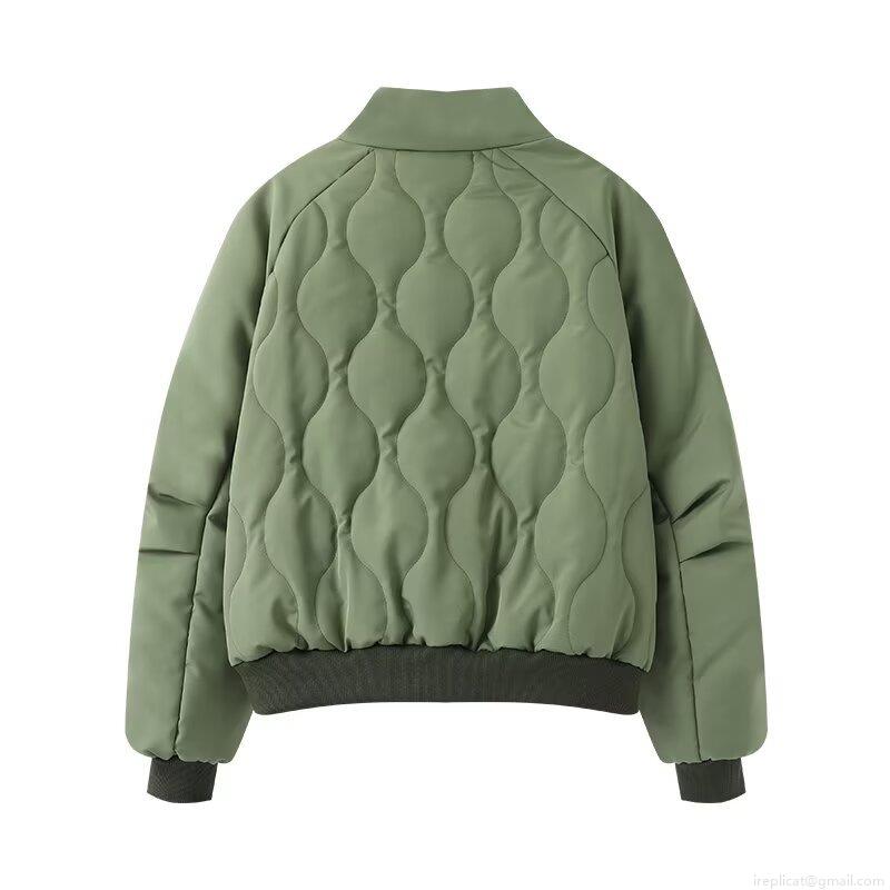 Women's Quilted Bomber Jacket Stand Collar Loose Fit Padded Outwear Casual Winter Warm Zip Up Coat With Pockets For Ladies
