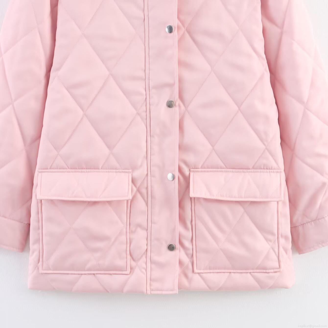 Women's Pink Diamond Quilted Jacket With Brown Corduroy Collar Fashion Thickened Nylon Padded Outerwear Long Sleeve Casual Coat For Autumn Winter