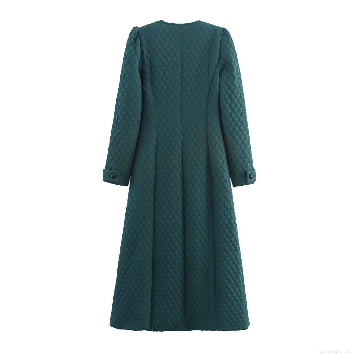 Women Long Quilted Padded Coat Dark Green Rhombus Pattern Single Breasted Round Neck Winter Warm Jacket Casual Fashion Outdoor Maxi Outerwear Polyester