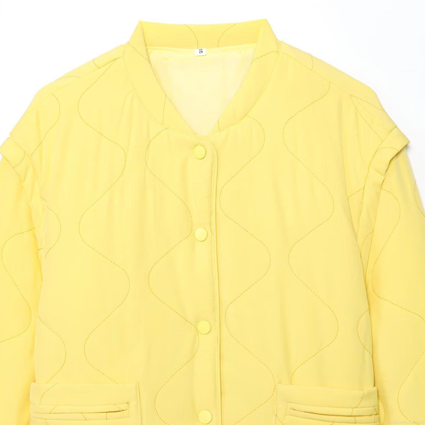 Women's Casual Wave Quilted Padded Jacket Loose Round Neck Long Sleeve Lightweight Cotton Coat With Pockets Yellow Autumn Winter