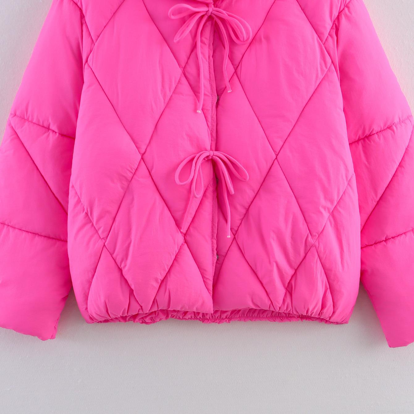 Women Sweet Pink Rhombus Quilted Padded Jacket Fashion Stand Collar Bow Tie Decoration Loose Short Winter Cotton Coat For Daily Wear