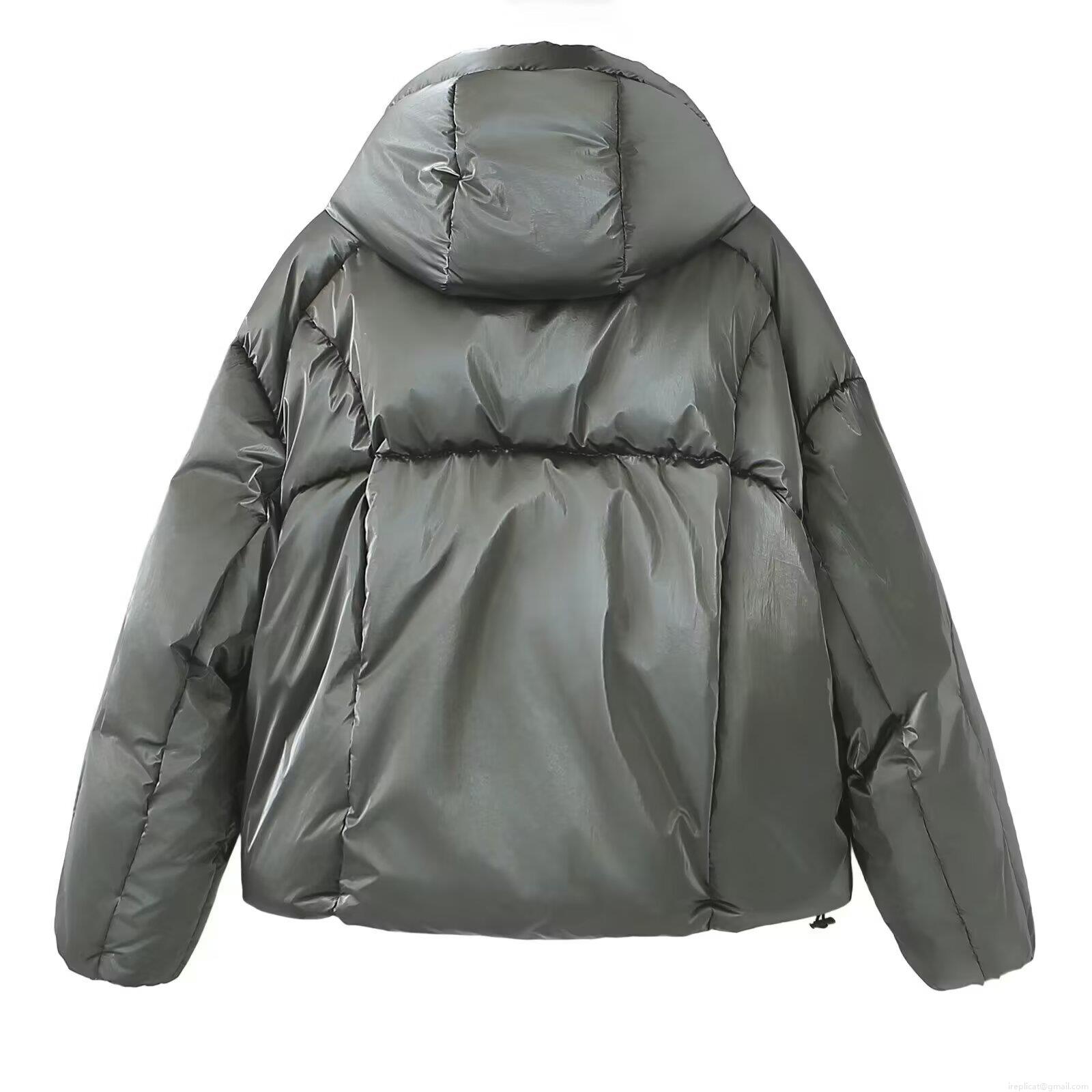 Women's Shiny Metallic Puffer Jacket Hooded Loose Quilted Padded Parka Warm Winter Outerwear Casual Zip-Up Bread Coat With Drawstring