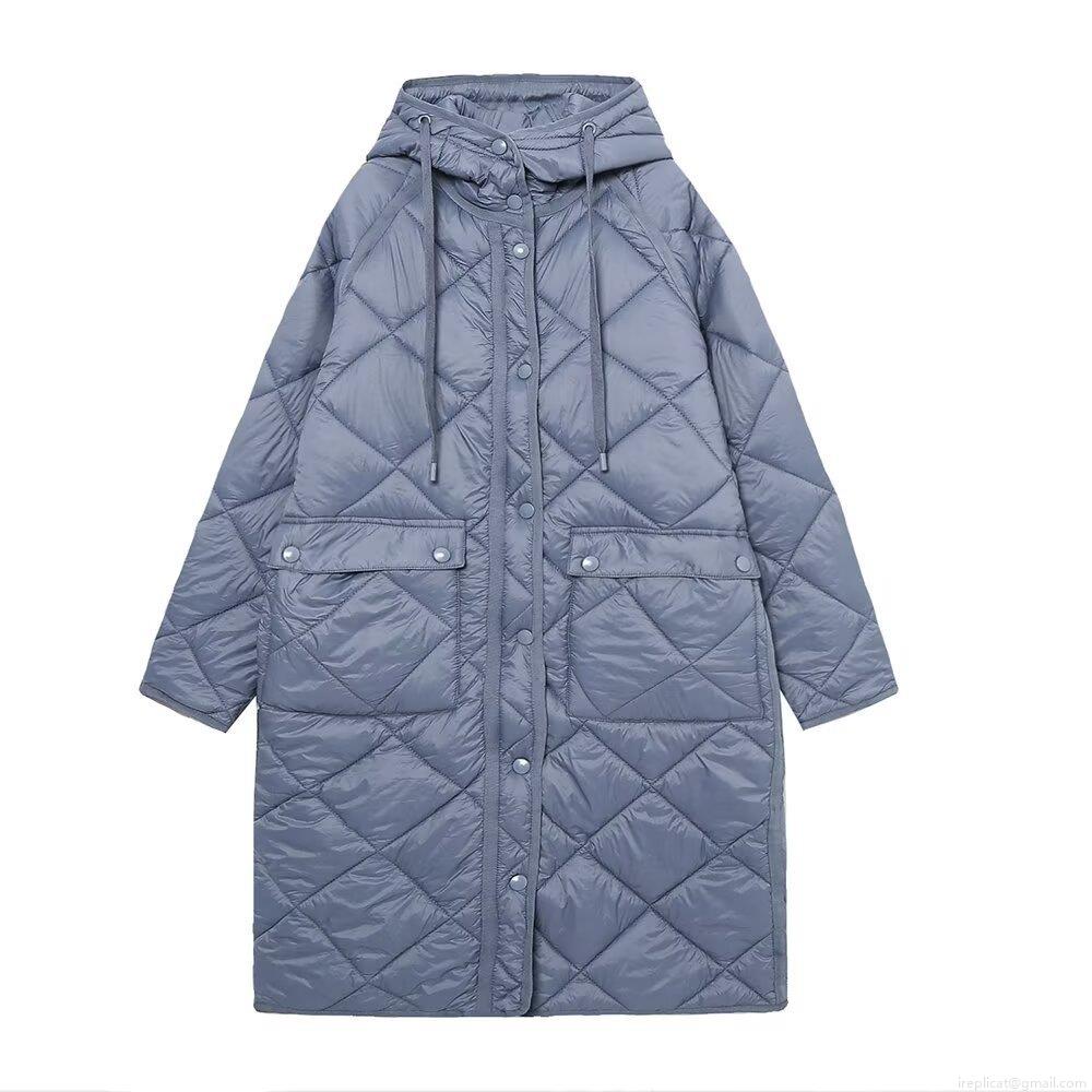 Women's Fashion Leisure Long Diamond Lattice Quilted Hooded Cotton-padded Jacket Loose Warm Winter Puffer Coat Windproof Padded Outwear With Pockets