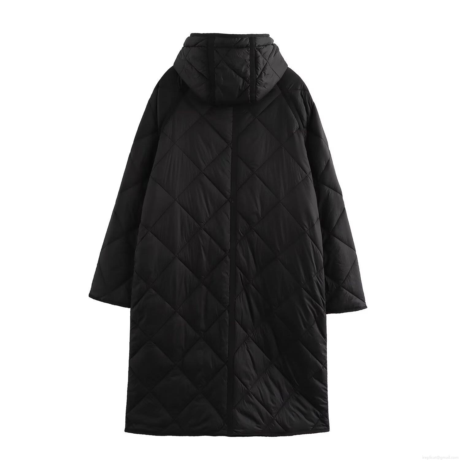 Women's Fashion Leisure Long Diamond Lattice Quilted Hooded Cotton-padded Jacket Loose Warm Winter Puffer Coat Windproof Padded Outwear With Pockets