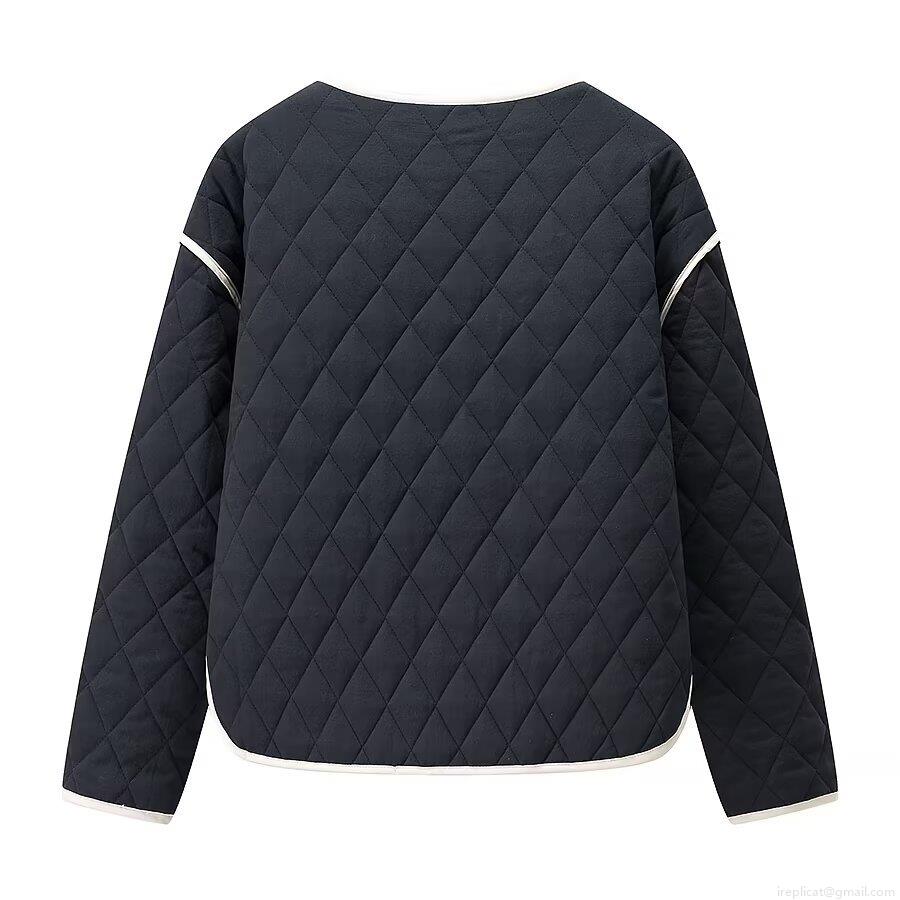 Women's Casual Round Neck Quilted Jacket Polyester Padded Coat Contrast Piping Stripe Lining Autumn Winter Loose Fit Solid Color Warm Puffer Jacket