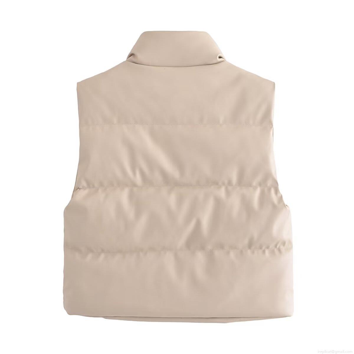 Women's Fashion PU Leather Padded Vest Casual Stand Collar Quilted Sleeveless Jacket With Pockets Warm Solid Color Autumn Winter Waistcoat For Women Ladies