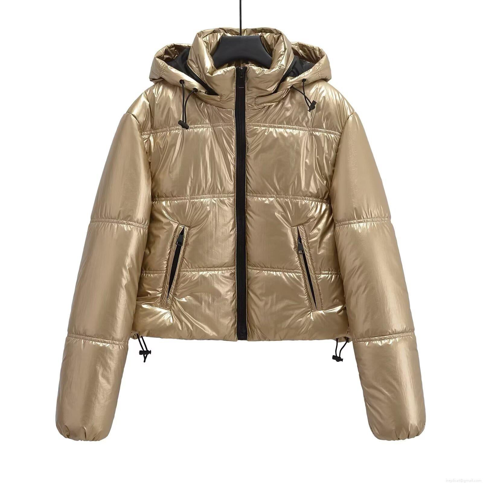 Women's Metallic Puffer Jacket Shiny Coated Hooded Zip Up Short Coat Winter Outdoor Warm Fashion Modern Padded Outerwear