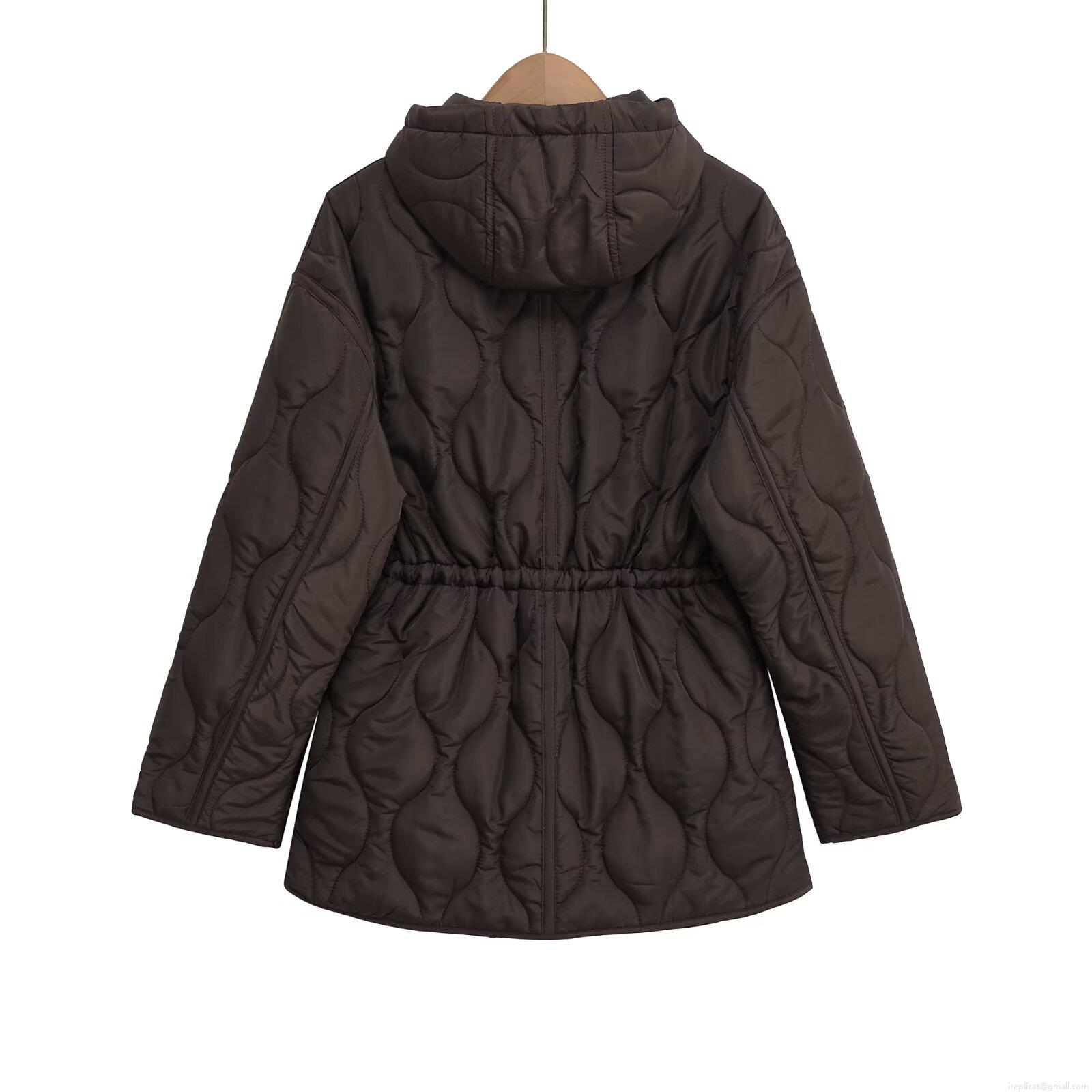 Women's Casual Quilted Padded Jacket Hooded Scallop Pattern Quilting Drawstring Waist Mid-Length Outerwear Coat With Zipper Pockets Solid Color Autumn Winter Warm Loose Jacket For Women