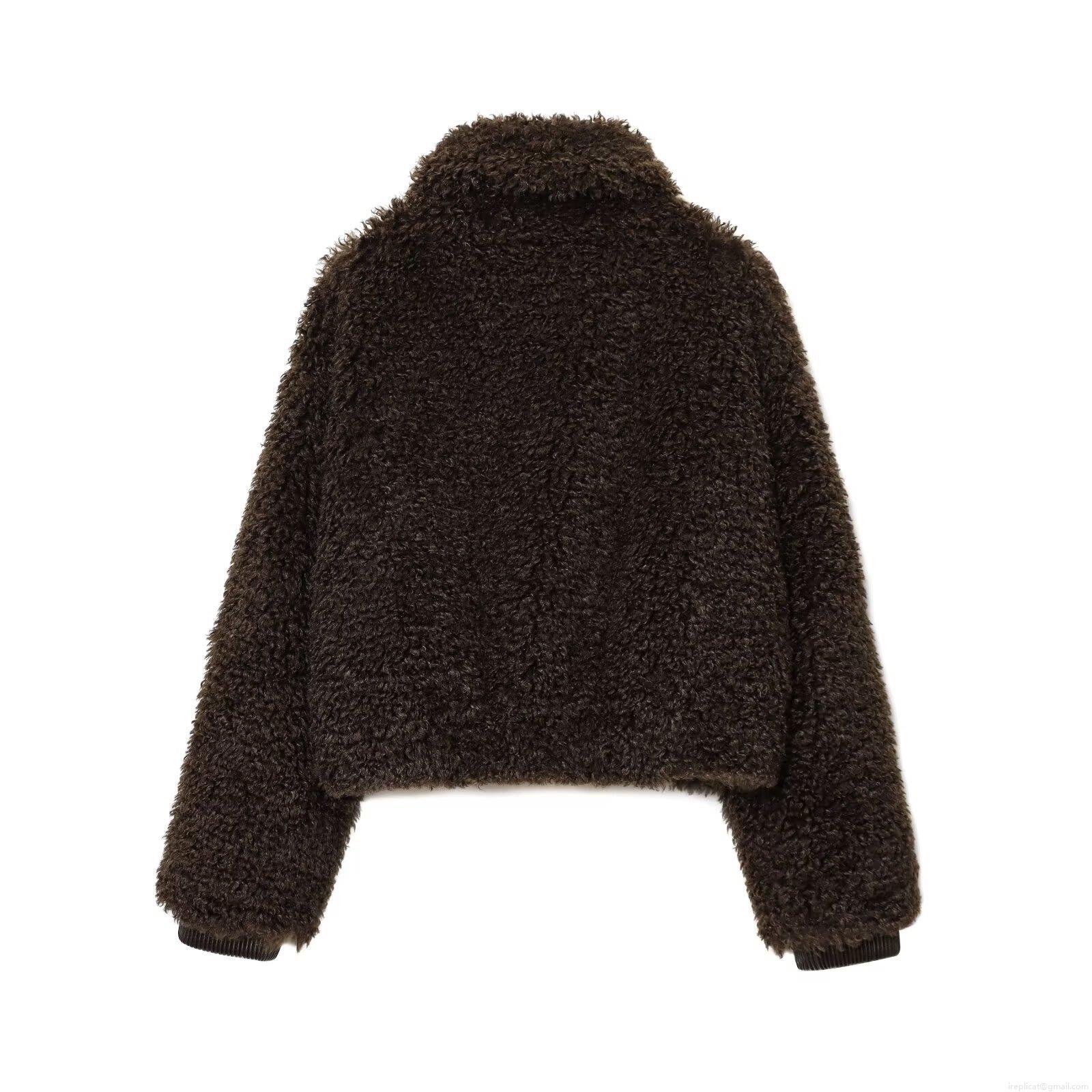 Women's Faux Sherpa Fleece Jacket Warm Fuzzy Coat Full Zipper Cropped Outerwear Casual Loose Fit Lapel Long Sleeve Jacket With Pockets For Winter Fall Ladies