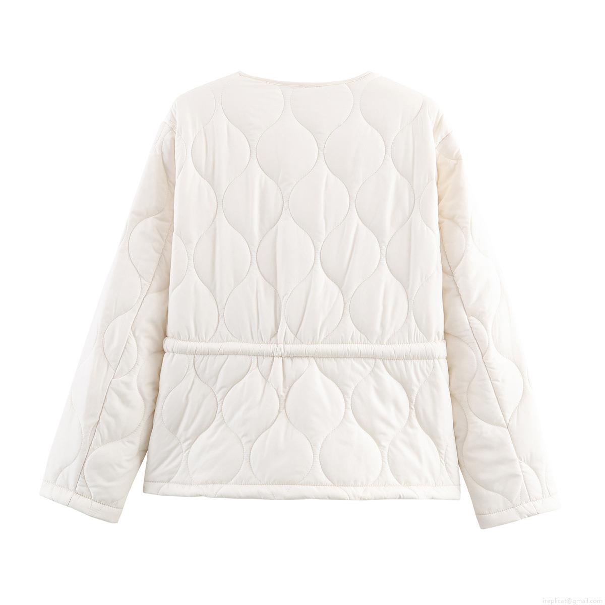 Women's Fashion Quilted Padded Jacket Casual Solid Color Round Neck Lightweight Warm Polyester Outerwear Coat With Waist Belt For Winter Daily Wear