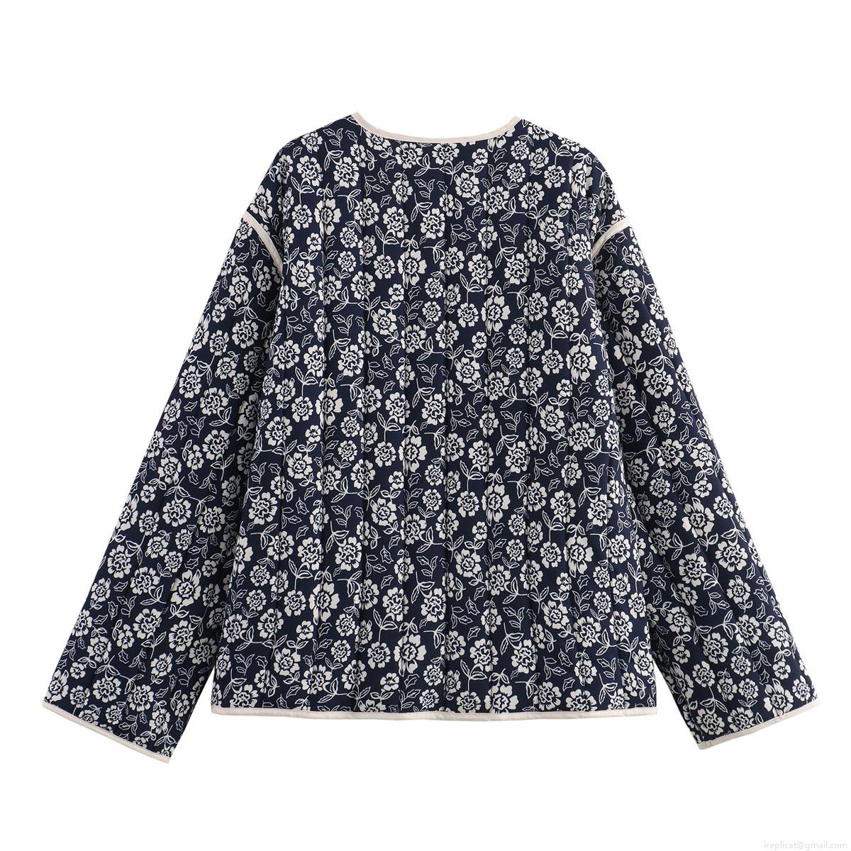 Women's Vintage Floral Quilted Jacket V-Neck Single Breasted Padded Coat Retro Lightweight Winter Outerwear For Women Casual Warm Puffer Jacket