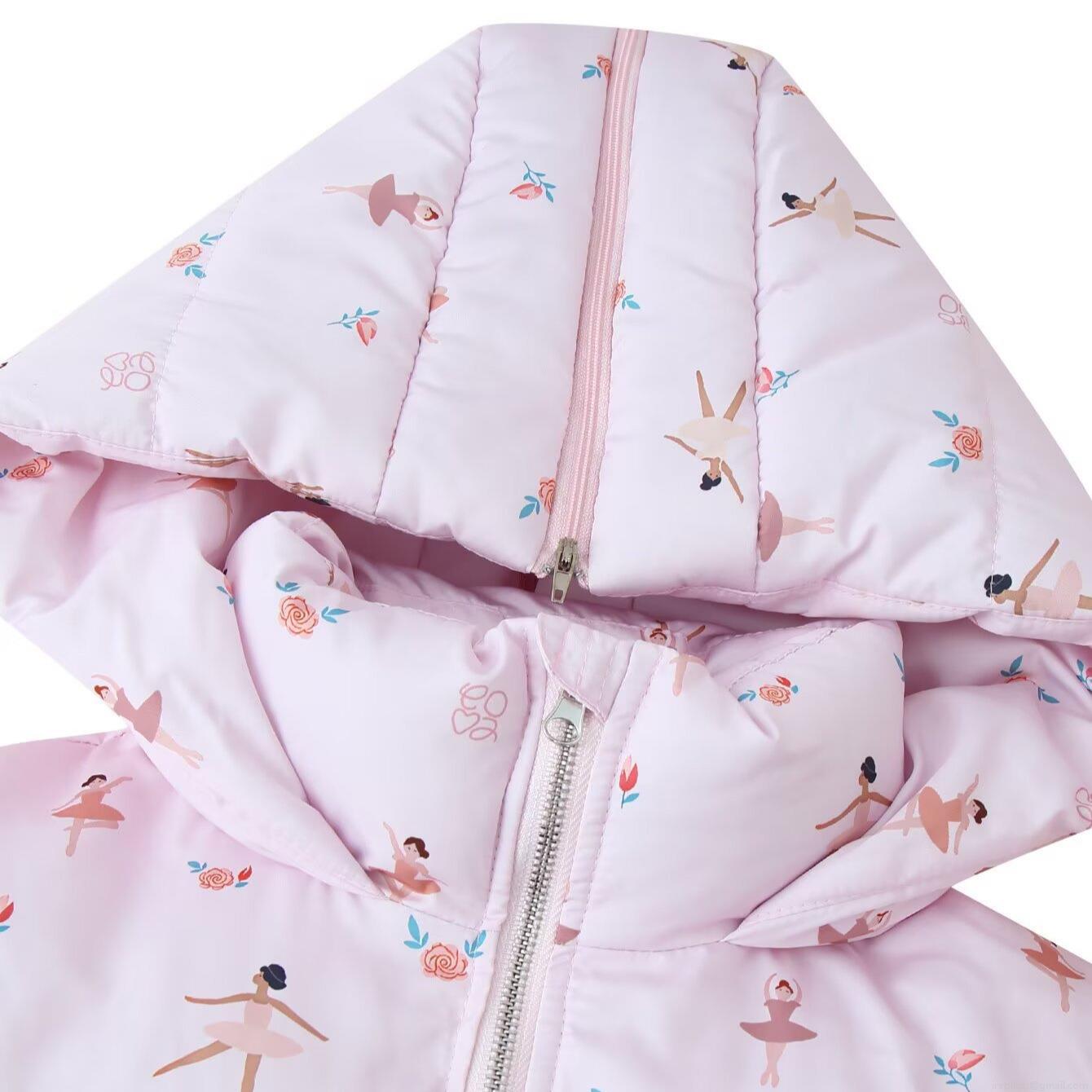 Women Fashion Printed Padded Jacket Winter Warm Hooded Cotton Coat With Zipper Pocket Sweet Ballet Dancer Strawberry Print Casual Loose Outerwear For Ladies