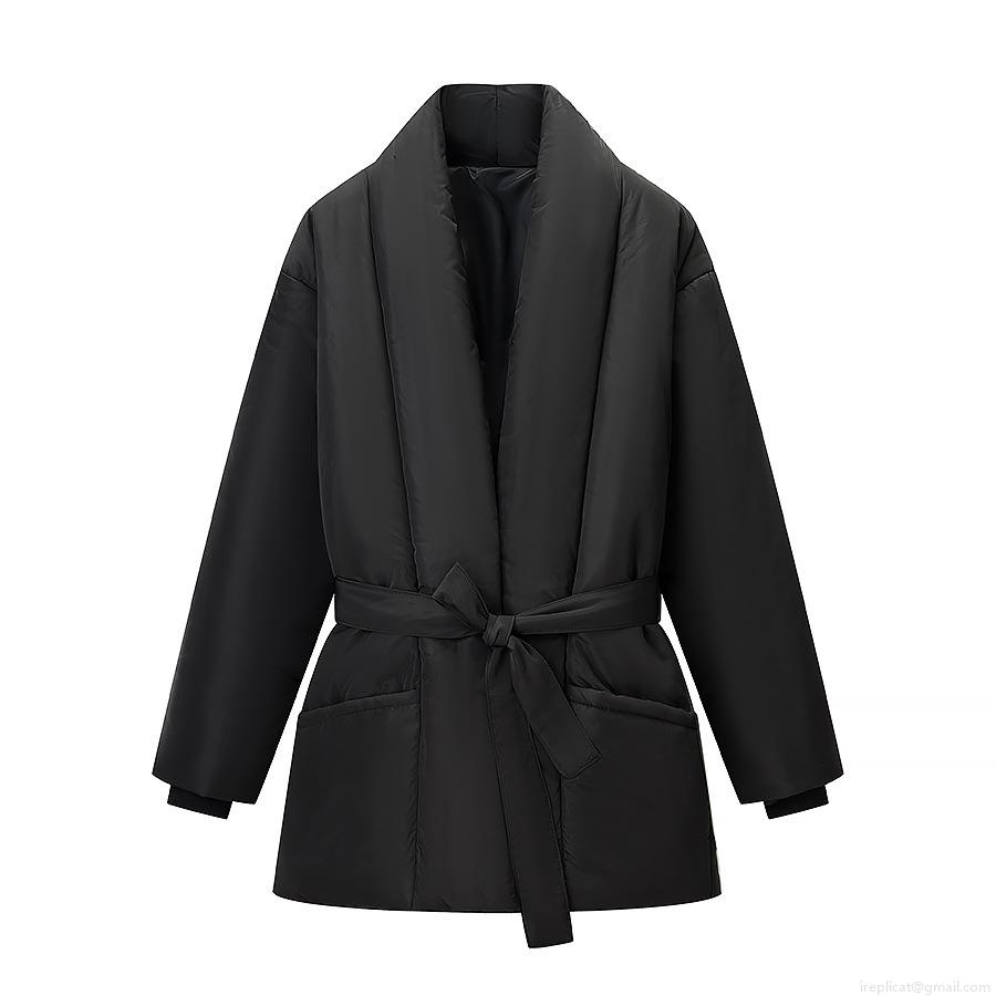 Women's Casual Polyester Solid Color Mid-length Puffer Cotton-padded Jacket With Polyester Cotton Filling Waist Tie Shawl Collar Warm Winter Outerwear