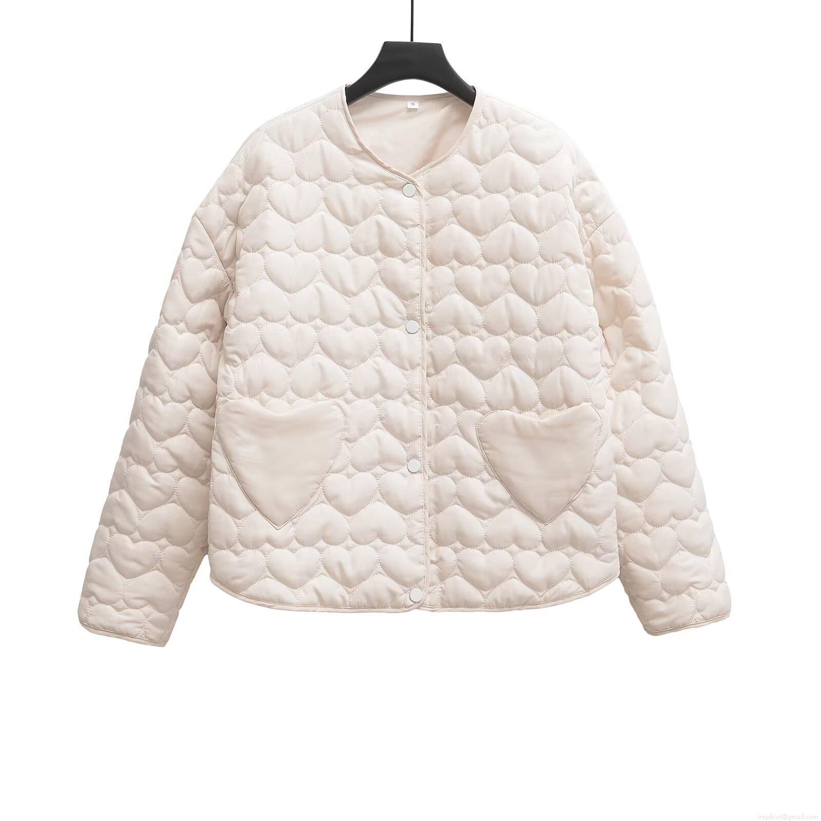 Women's Fashion Heart Quilted Cotton Padded Jacket Casual Oversized Round Neck Long Sleeve Coat With Heart Pockets For Winter Sweet Warm Outerwear