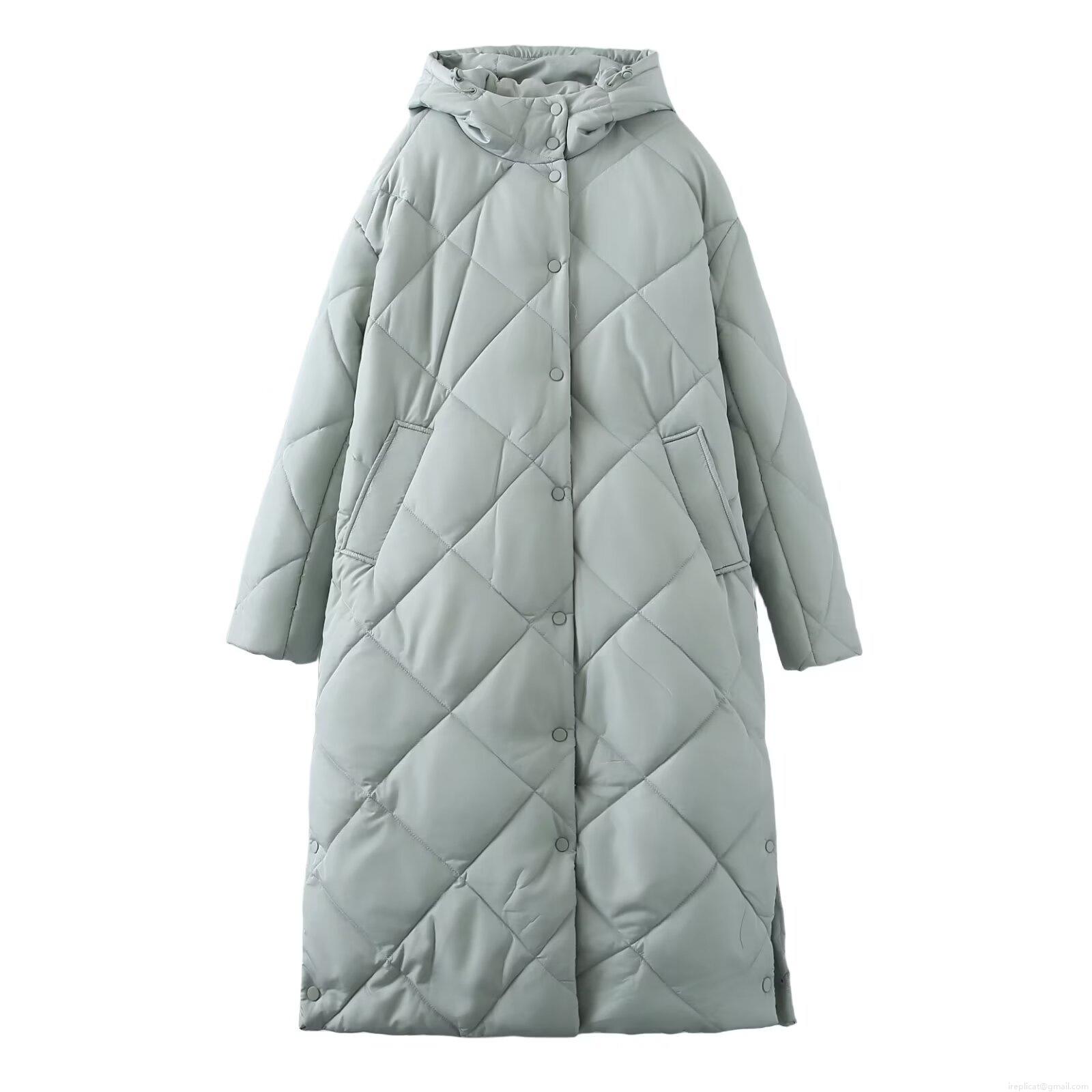 Women's Long Hooded Quilted Puffer Coat Winter Warm Diamond Pattern Padded Jacket Casual Windproof Long Sleeve Button Down Parka Outwear for Women