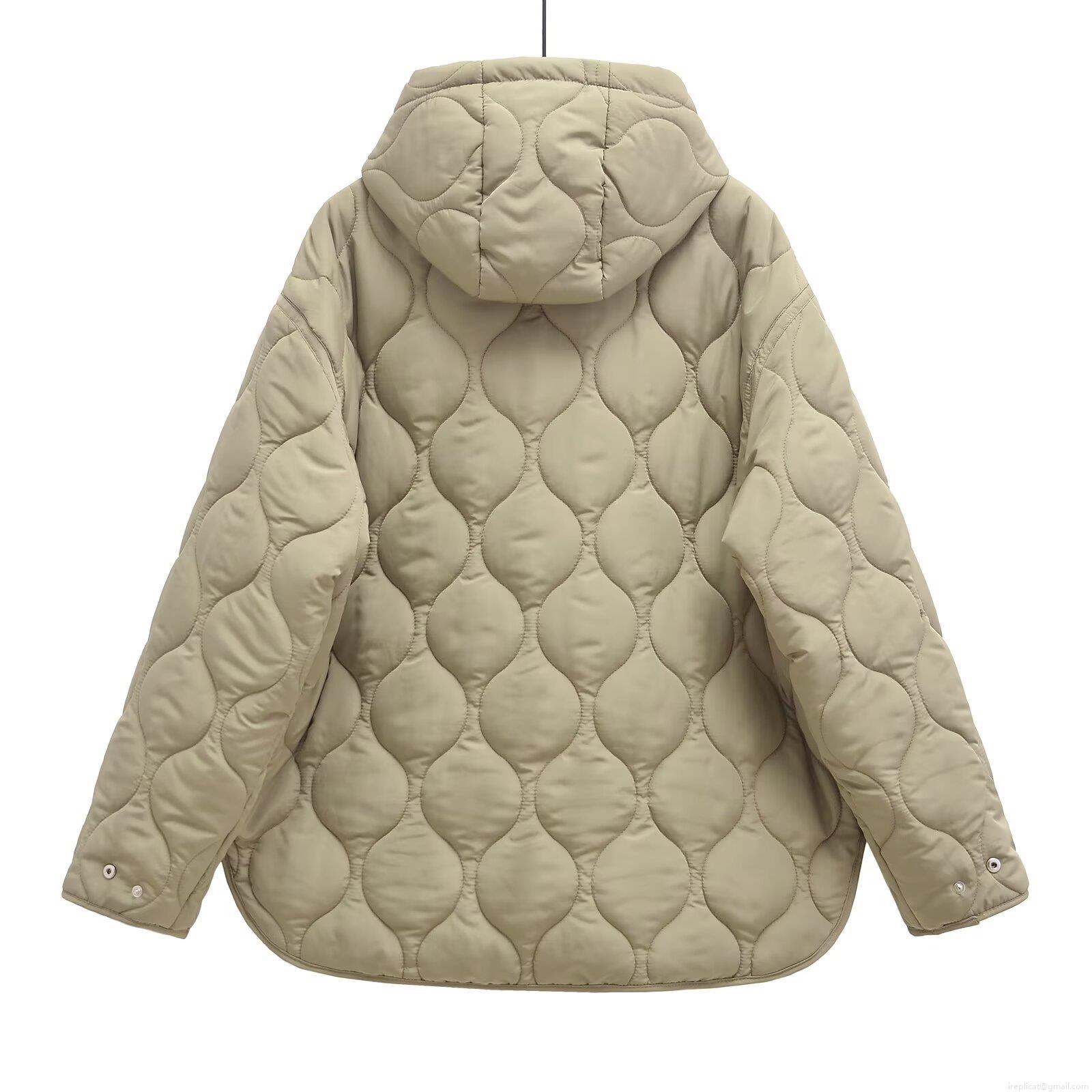 Women's Loose Hooded Quilted Jacket Wave Pattern Cotton Padded Coat Solid Color Warm Outerwear For Winter Casual Retro Style Button Up Long Sleeve Jacket