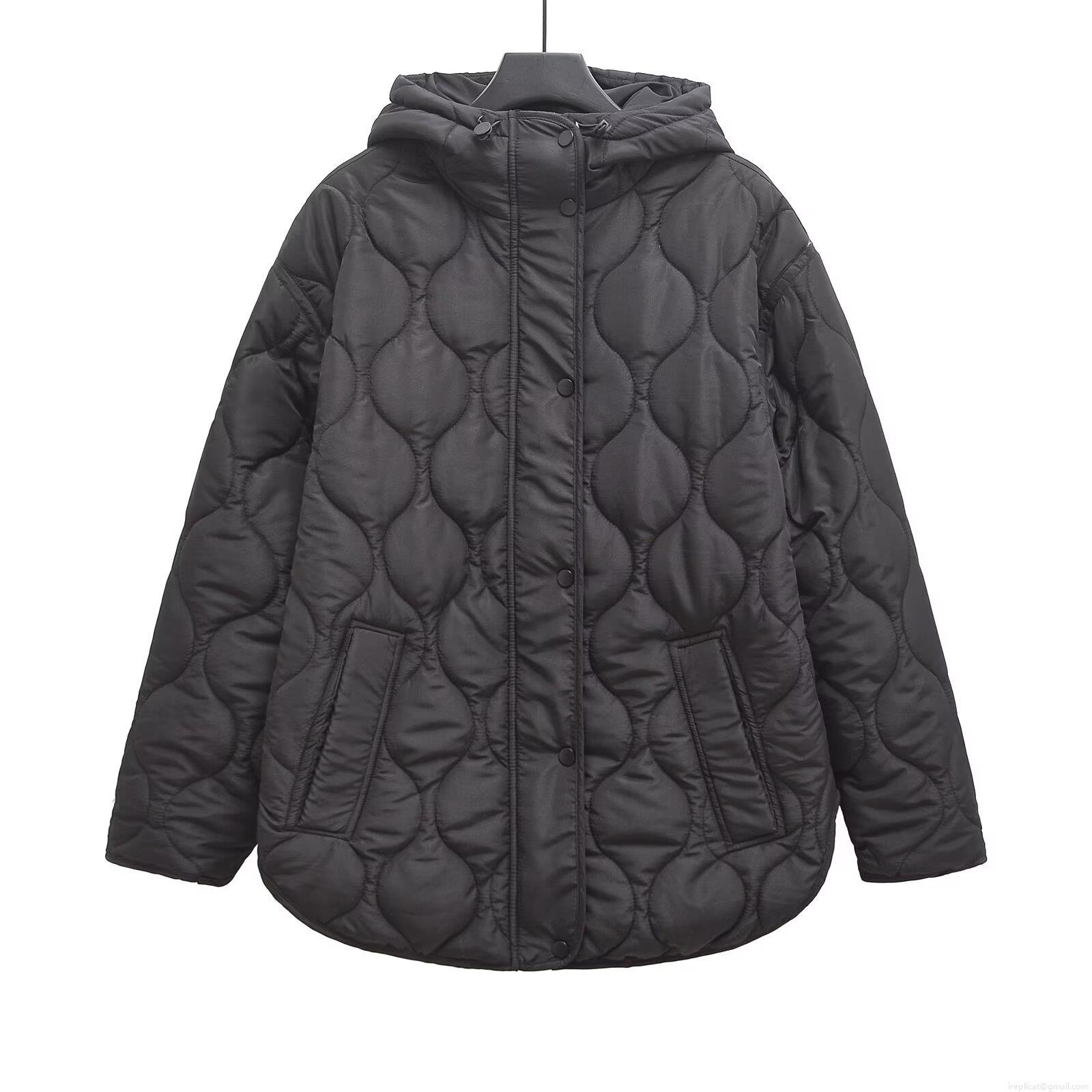 Women's Loose Hooded Quilted Jacket Wave Pattern Cotton Padded Coat Solid Color Warm Outerwear For Winter Casual Retro Style Button Up Long Sleeve Jacket