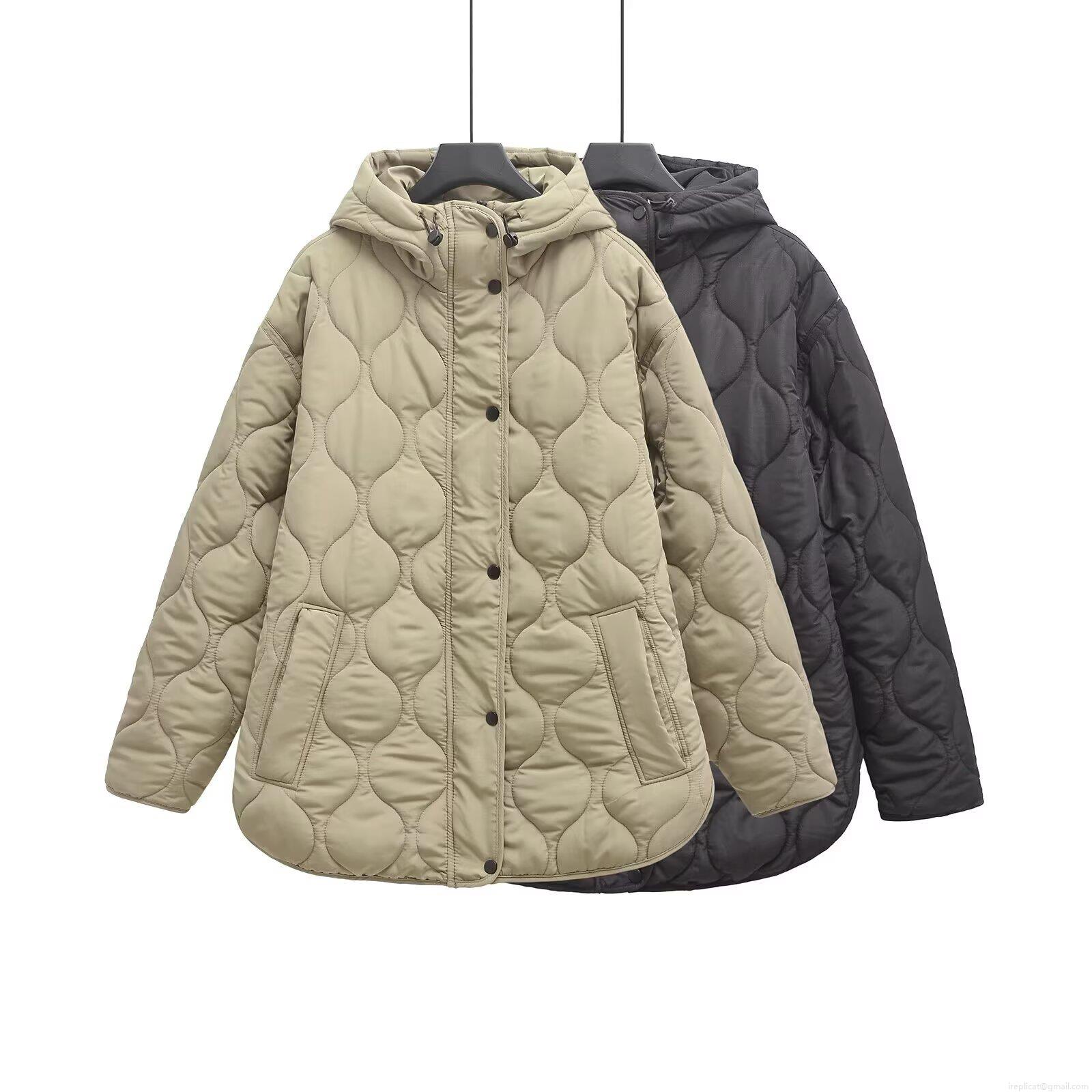 Women's Loose Hooded Quilted Jacket Wave Pattern Cotton Padded Coat Solid Color Warm Outerwear For Winter Casual Retro Style Button Up Long Sleeve Jacket