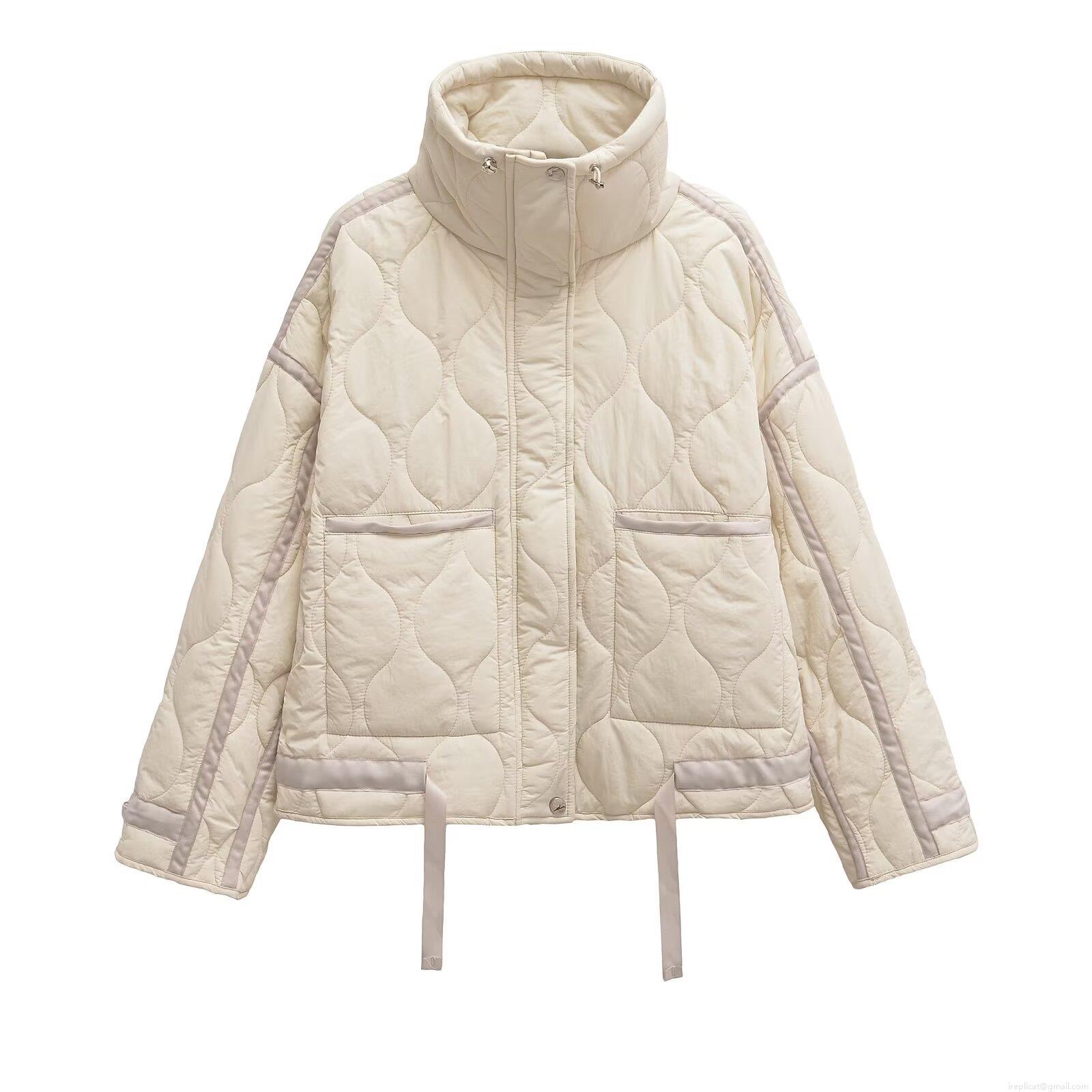 Women's Water Ripple Quilted Padded Jacket Casual Stand Collar Loose Fit Outerwear With Drawstring Hem And Multi Pockets For Winter Autumn Fashion