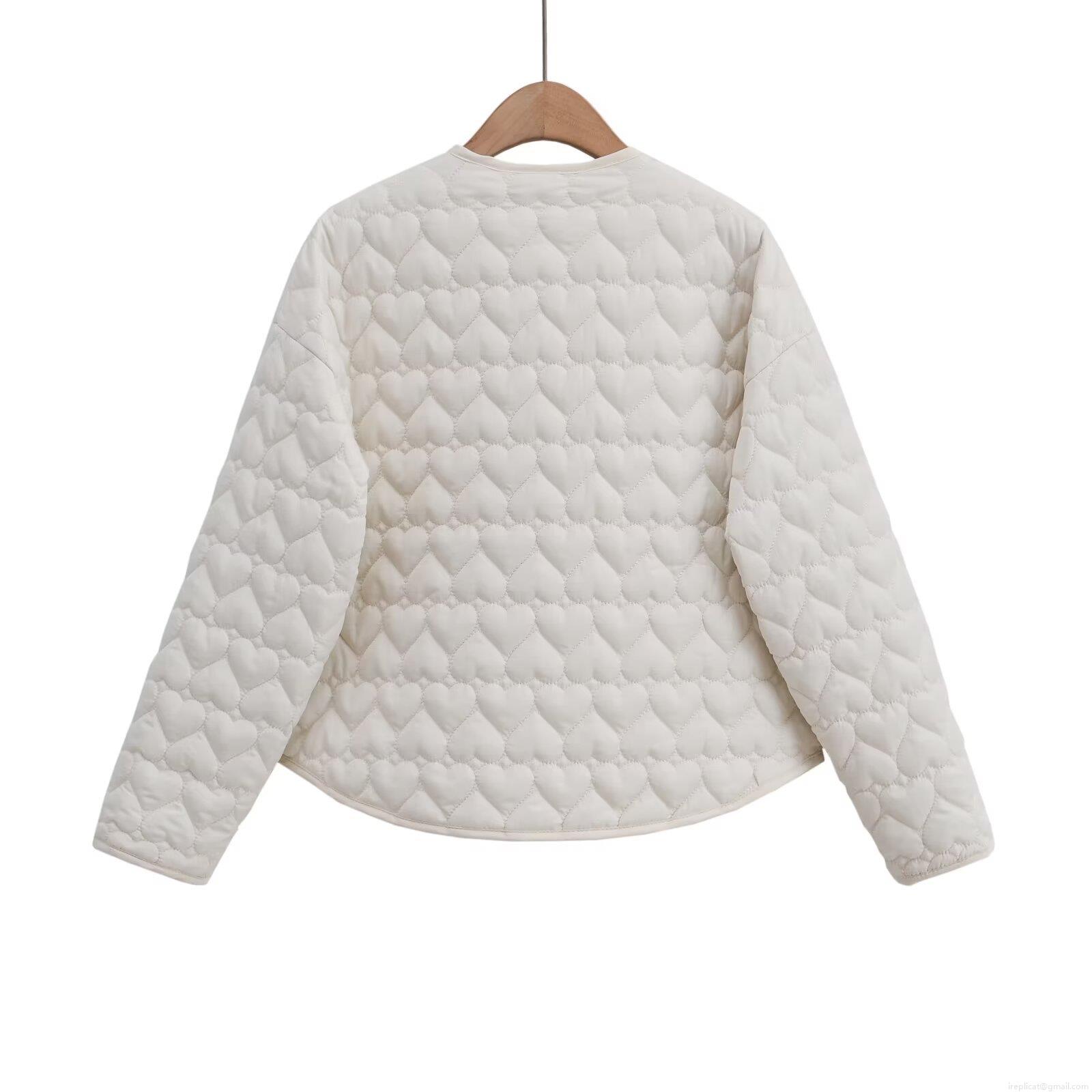 Women's Heart Quilted Cotton Padded Jacket Lightweight Round Neck Button Down Casual Loose Outerwear Coat For Winter Fall