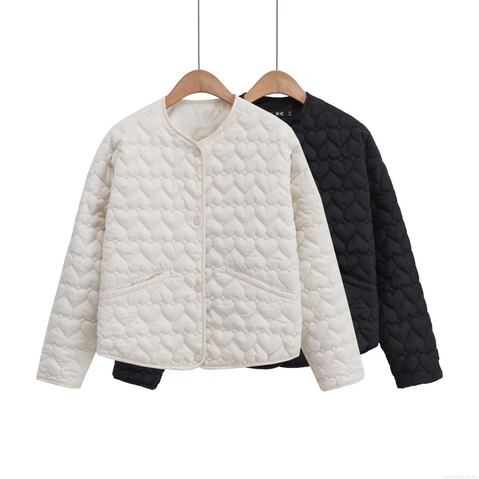 Women's Heart Quilted Cotton Padded Jacket Lightweight Round Neck Button Down Casual Loose Outerwear Coat For Winter Fall