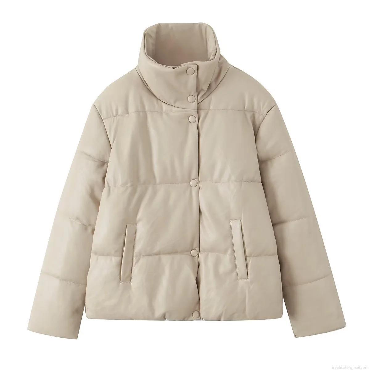 Women's Vintage Faux Leather Padded Jacket Stand Collar Single Breasted Warm Puffer Coat Winter Outerwear PU Leather Quilted Jacket For Women
