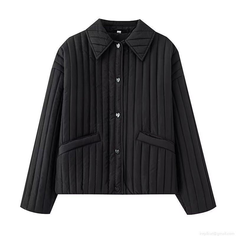 Women's Quilted Padded Jacket Cotton Blend Warm Coat Heart Shaped Buttons Vertical Stripe Stitching Long Sleeve Shirt Collar Vintage Fall Winter Outwear