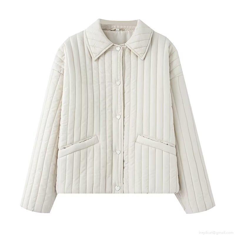 Women's Quilted Padded Jacket Cotton Blend Warm Coat Heart Shaped Buttons Vertical Stripe Stitching Long Sleeve Shirt Collar Vintage Fall Winter Outwear