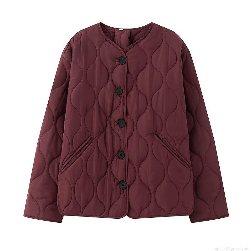 Women's Casual Quilted Cotton Jacket Vintage Wave Pattern Button Up Long Sleeve Round Neck Lightweight Puffer Outerwear For Fall Winter Women Clothing