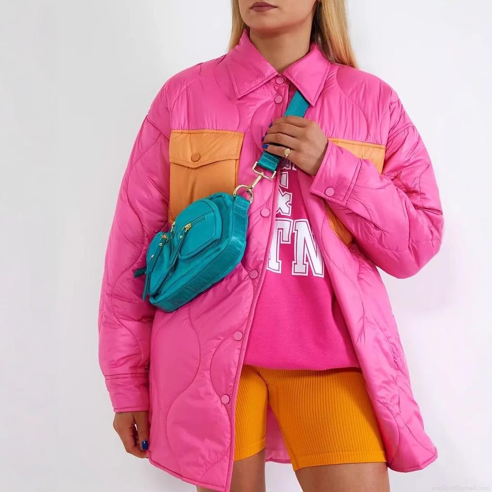 Women Quilted Jacket Color Block Contrast Pocket Padded Coat Lightweight Shirt Jacket Button Down Outwear For Fall Winter Casual Streetwear Fashion
