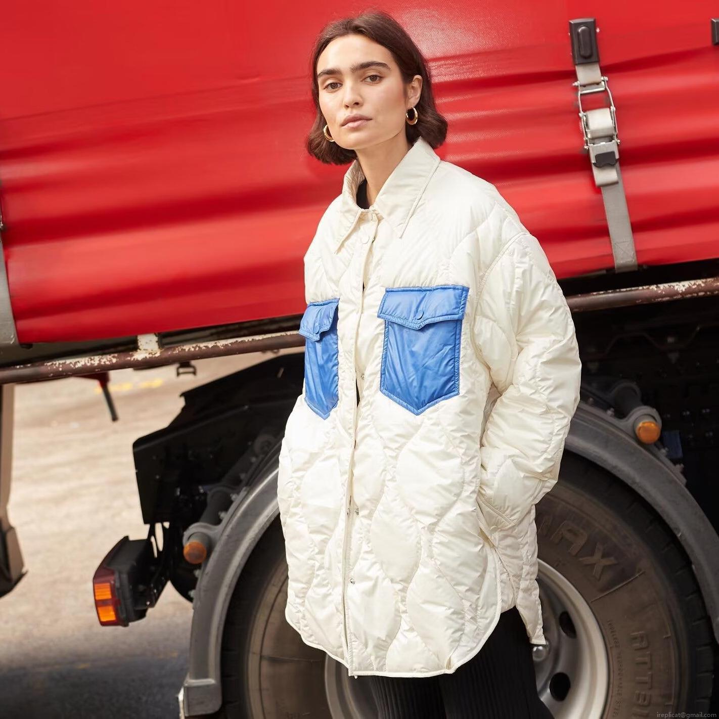 Women Quilted Jacket Color Block Contrast Pocket Padded Coat Lightweight Shirt Jacket Button Down Outwear For Fall Winter Casual Streetwear Fashion