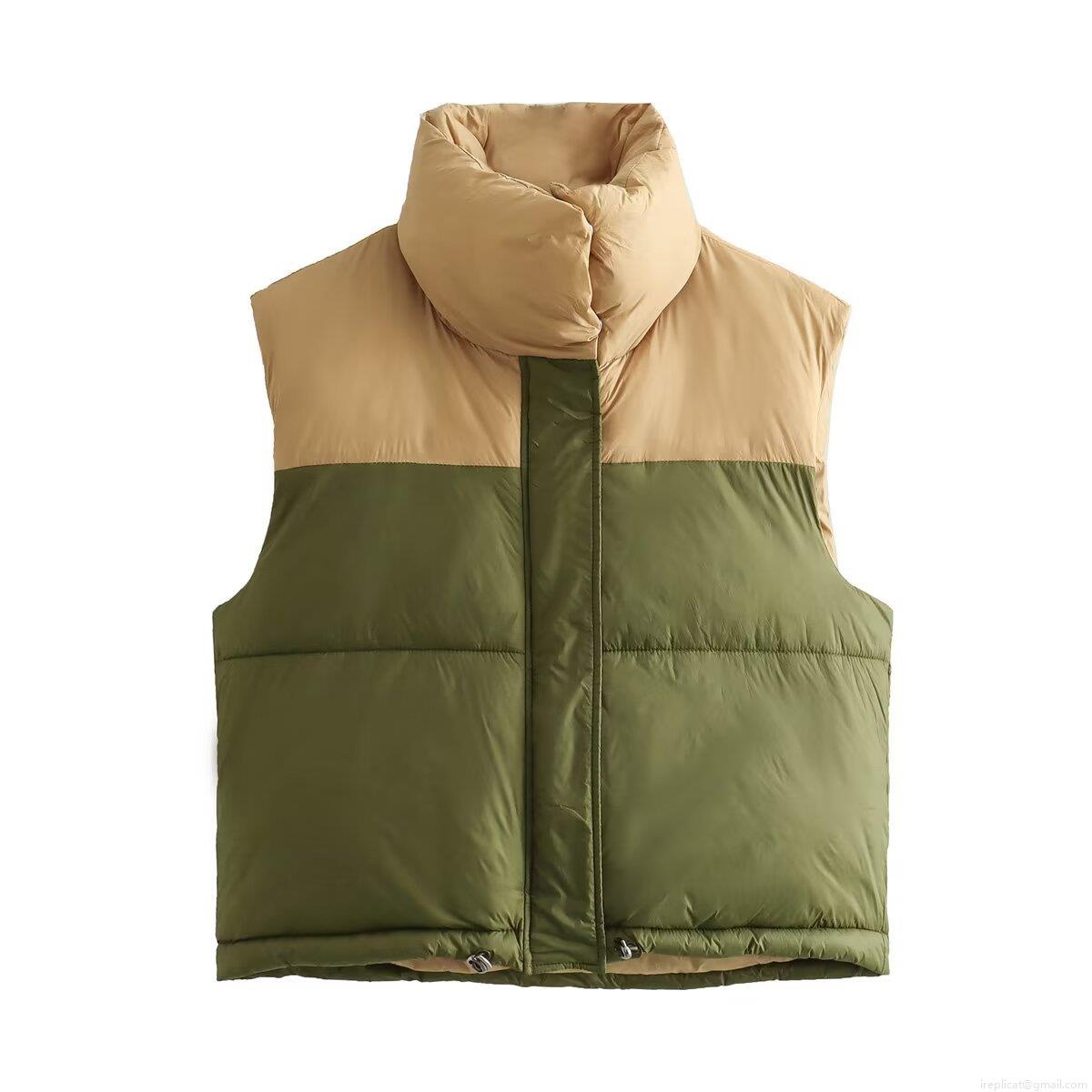 Women's Puffer Vest 100% Polyester Color-block Stand-up Collar Sleeveless Cotton Padded Jacket With Zipper Drawstring Hem For Casual Outdoor Winter Wear