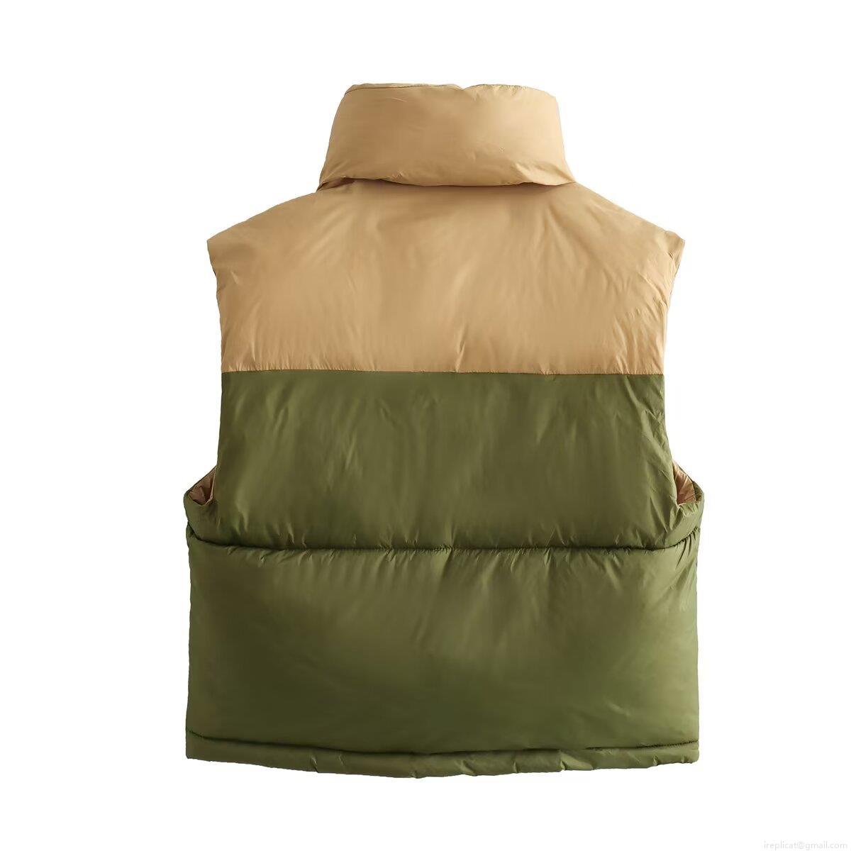 Women's Puffer Vest 100% Polyester Color-block Stand-up Collar Sleeveless Cotton Padded Jacket With Zipper Drawstring Hem For Casual Outdoor Winter Wear