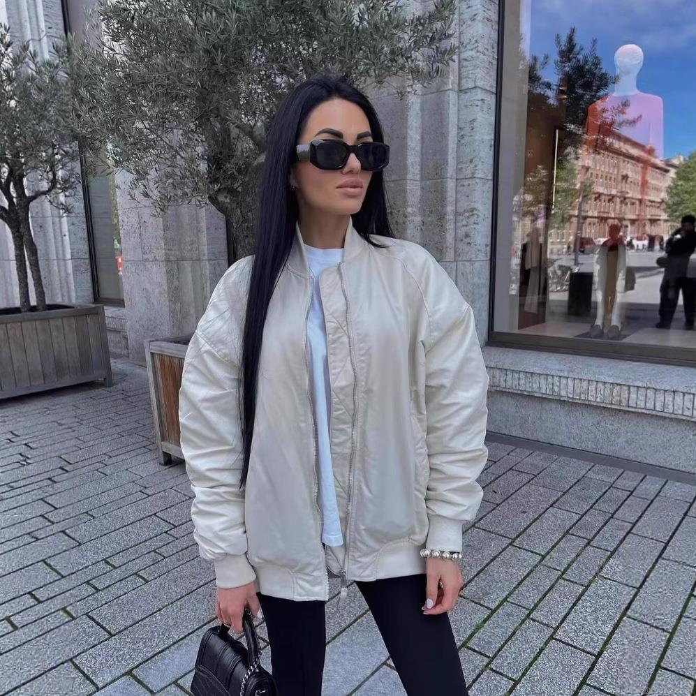 Women's Loose MA-1 Flight Bomber Jacket Padded Cotton Coat With Pocket Windproof Casual Streetwear Outerwear For Autumn Winter