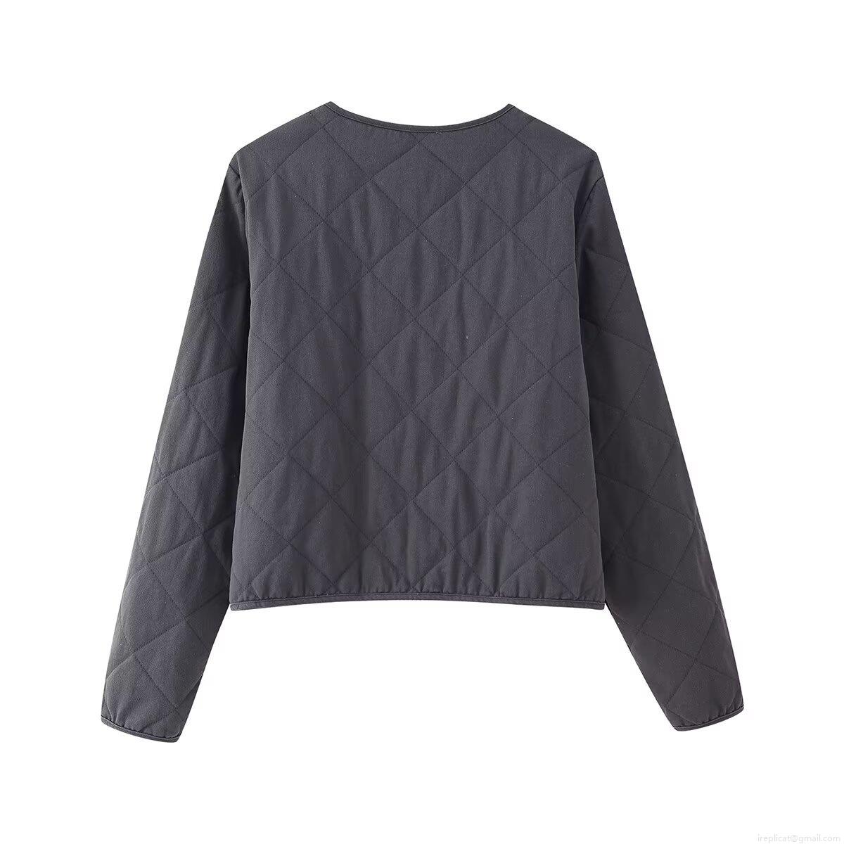 Women's Vintage Diamond Quilted Cotton Padded Jacket Lightweight V-Neck Zipper Outwear Casual Winter Coat For Women