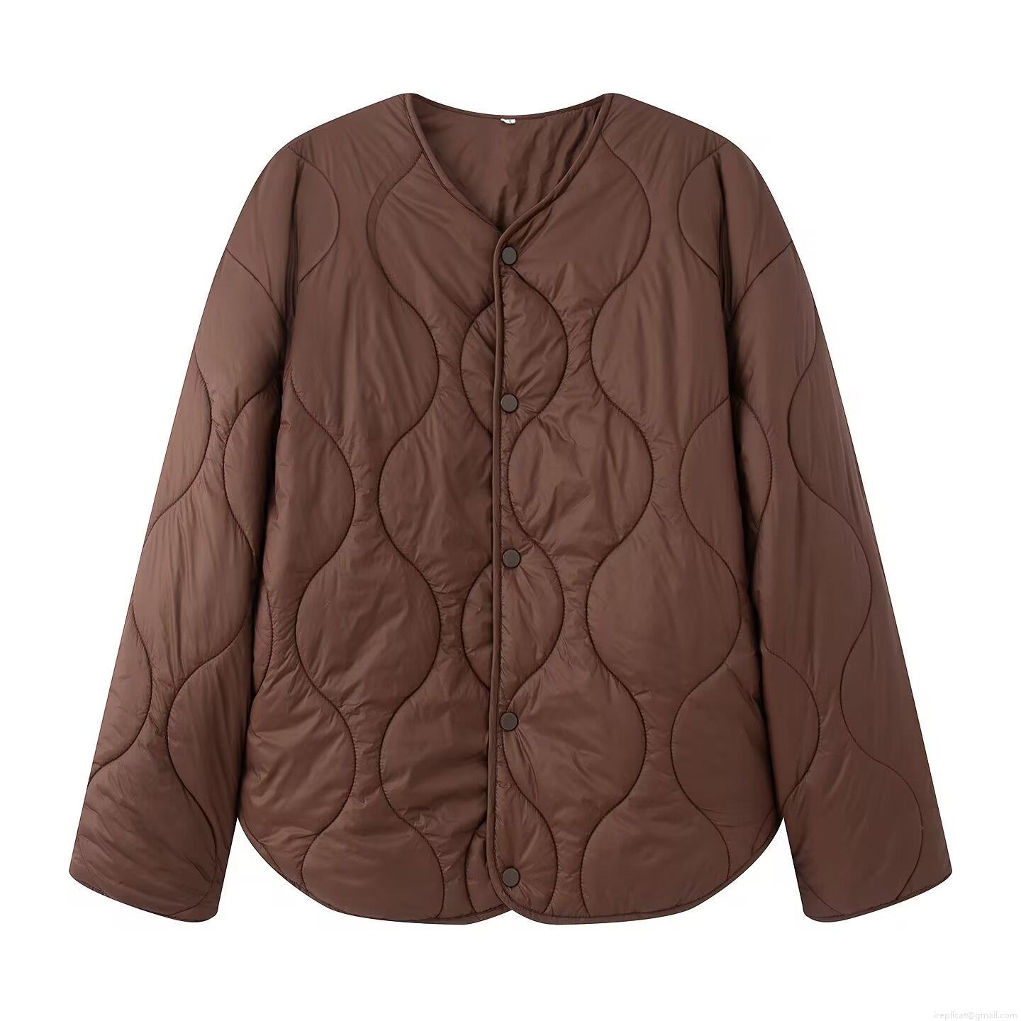 Women's Lightweight Quilted Padded Jacket 100% Polyester Wave Stitching Crew Neck Long Sleeve Coat Fall Winter Casual Vintage Warm Button Top