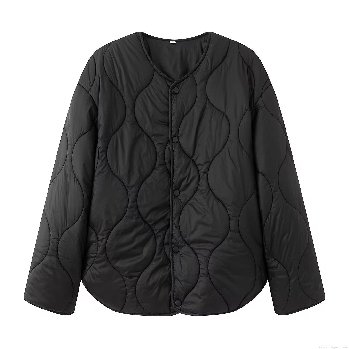 Women's Lightweight Quilted Padded Jacket 100% Polyester Wave Stitching Crew Neck Long Sleeve Coat Fall Winter Casual Vintage Warm Button Top