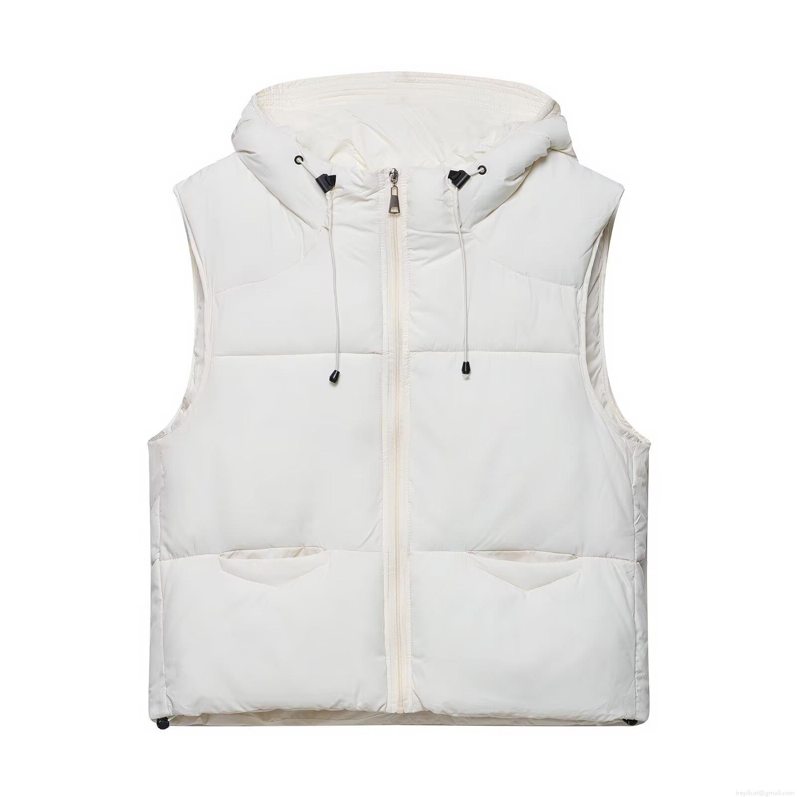 Women's Hooded Puffer Vest 100% Polyester Quilted Sleeveless Jacket Zip Up Padded Waistcoat With Pockets For Casual Winter Outerwear