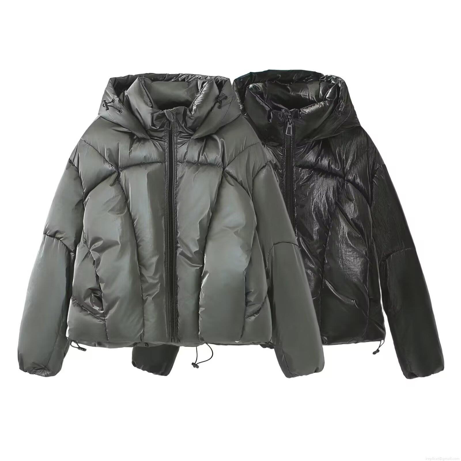 Women's Metallic Shiny Puffer Jacket Hooded Thickened Warm Winter Padded Bread Coat Streetwear Quilted Cotton Outerwear For Ladies
