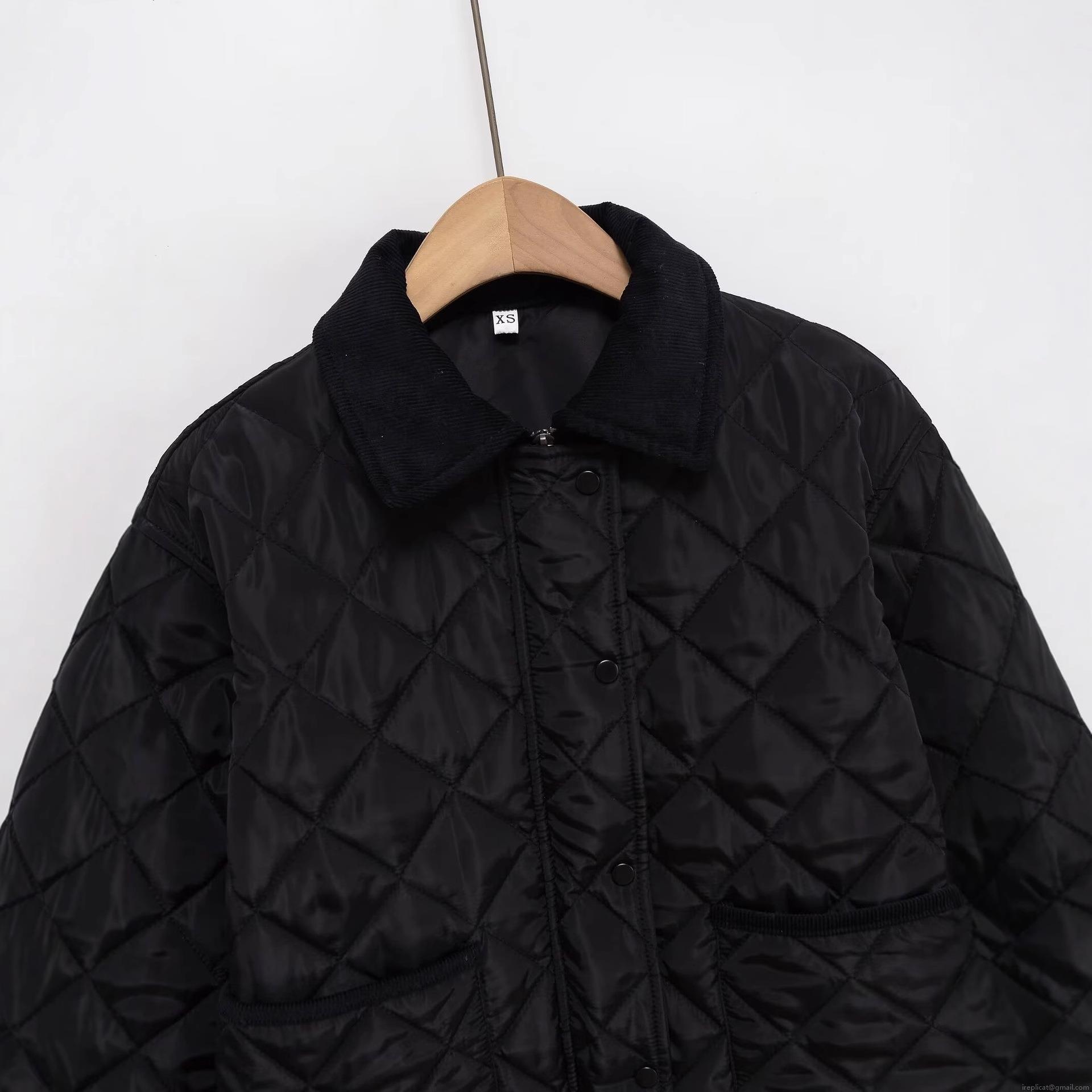 Women's Casual Diamond Quilted Cotton Padded Jacket With Corduroy Collar Vintage Short Long Sleeve Warm Outerwear Snap Button Puffer Coat For Autumn Winter Fashion Women