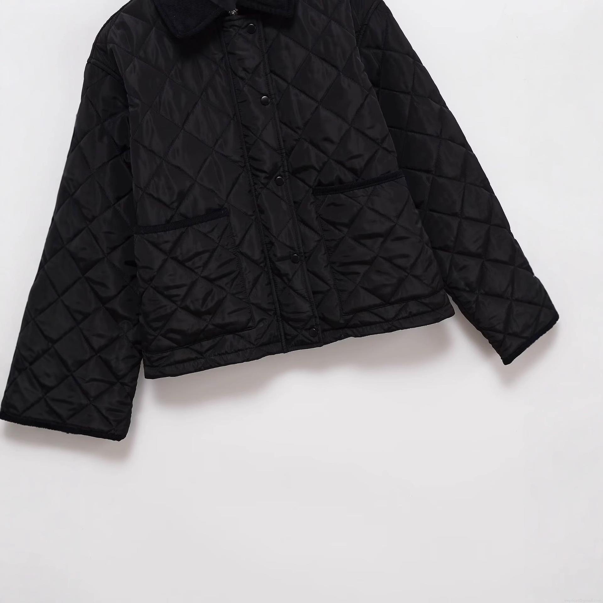 Women's Casual Diamond Quilted Cotton Padded Jacket With Corduroy Collar Vintage Short Long Sleeve Warm Outerwear Snap Button Puffer Coat For Autumn Winter Fashion Women
