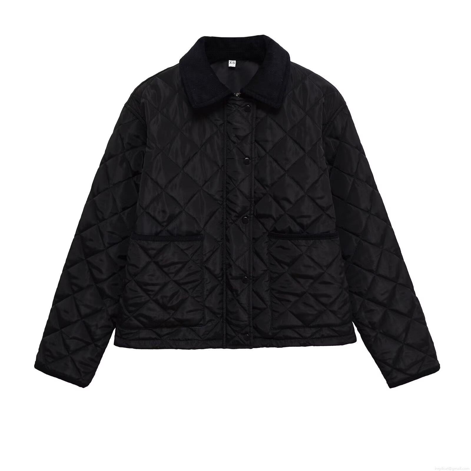 Women's Casual Diamond Quilted Cotton Padded Jacket With Corduroy Collar Vintage Short Long Sleeve Warm Outerwear Snap Button Puffer Coat For Autumn Winter Fashion Women