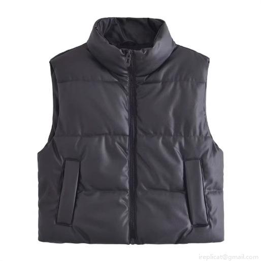 Women PU Leather Puffer Vest Stand Collar Quilted Sleeveless Padded Jacket Zip Up Warm Gilet Solid Color Fashion Casual Waistcoat For Women Daily Outwear